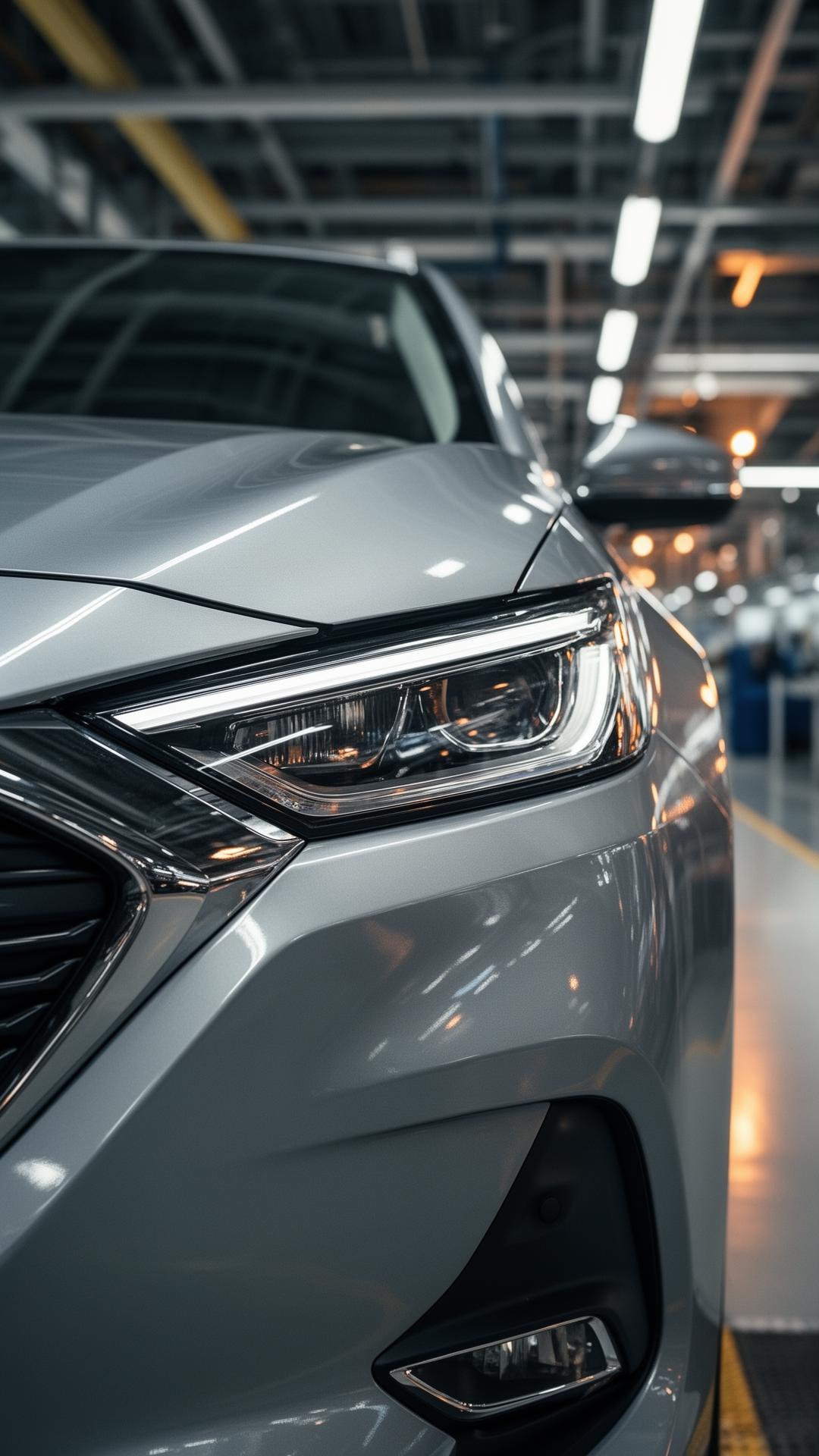 Close-up of a modern car headlight on an automotive production line