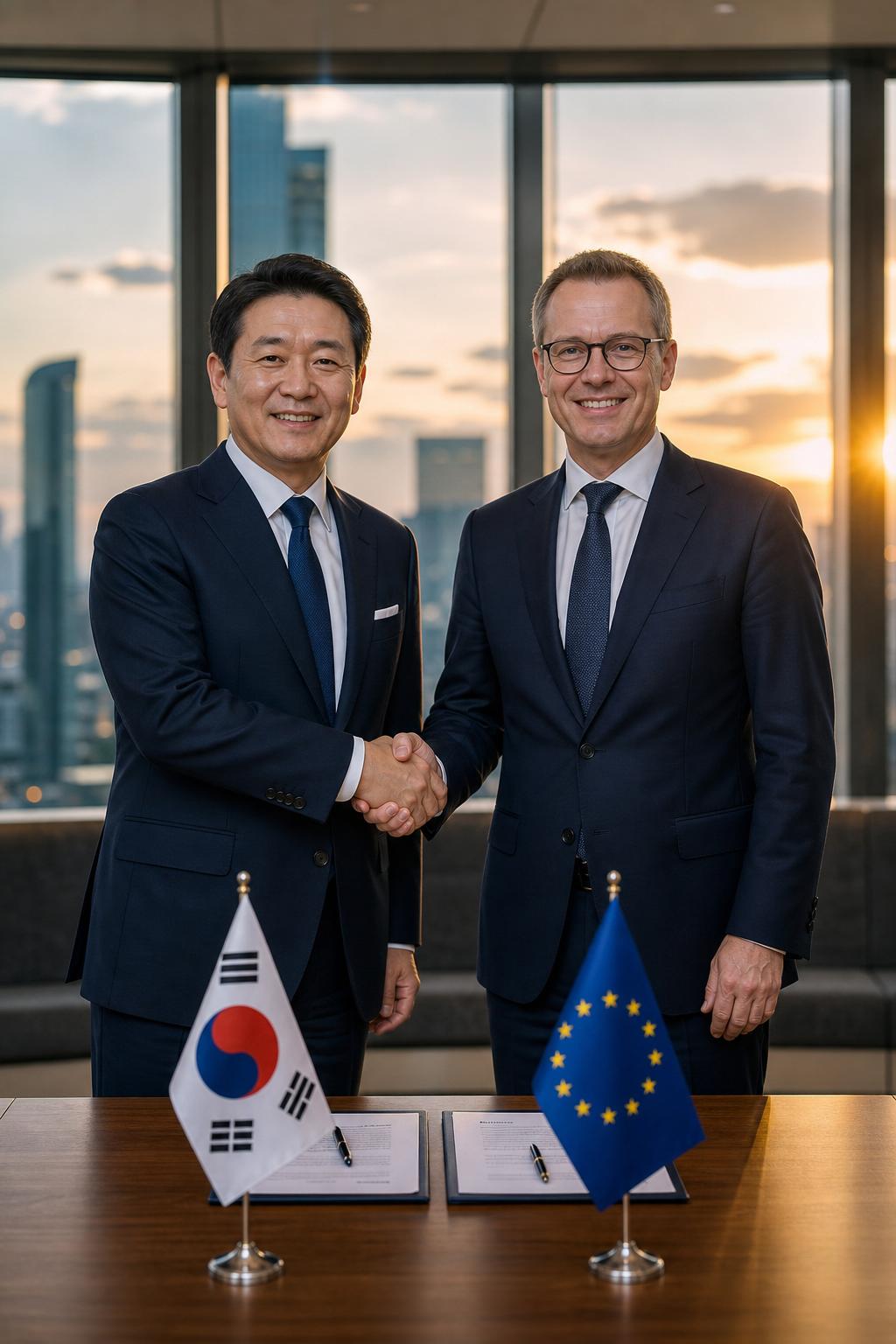 Korean and European CEOs shaking hands in mutual agreement with Korea and EU flags in a warmly lit modern office