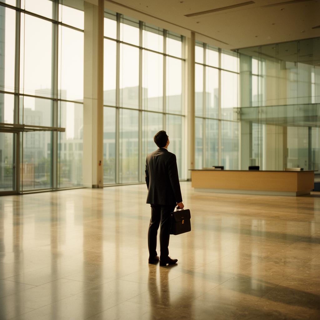 A businessperson standing alone in a vast modern corporate glass lobby, looking around