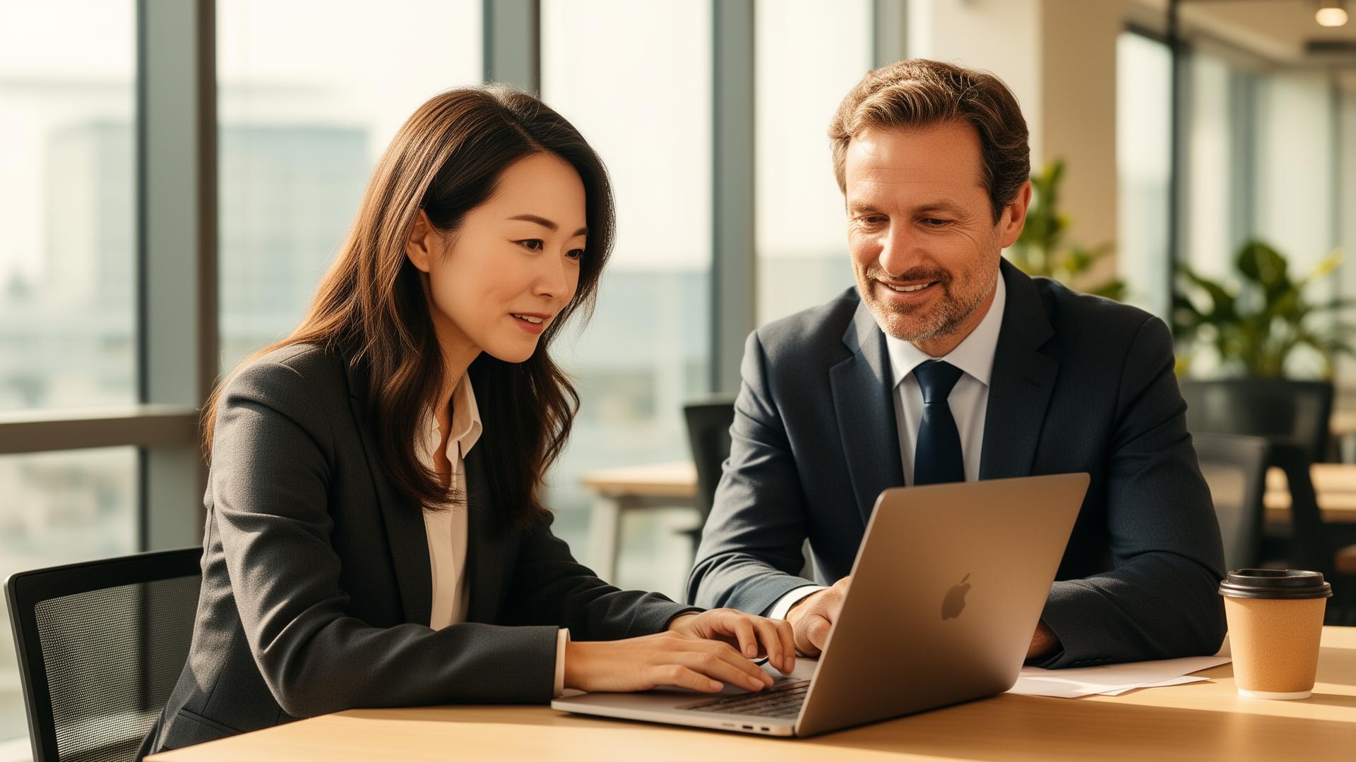 A Korean and a European professional collaborating in a modern office