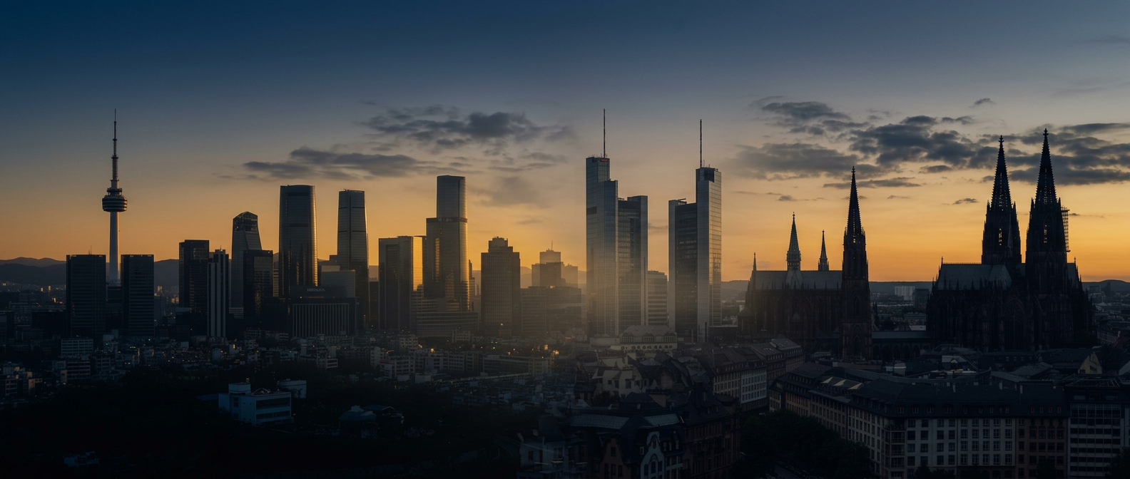 Panoramic dusk skyline blending Seoul into a European city